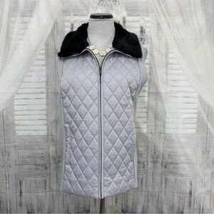 Jones New York Size XL Gray Black Puffer Faux Fur Collar Vest Quilted Zip Jacket